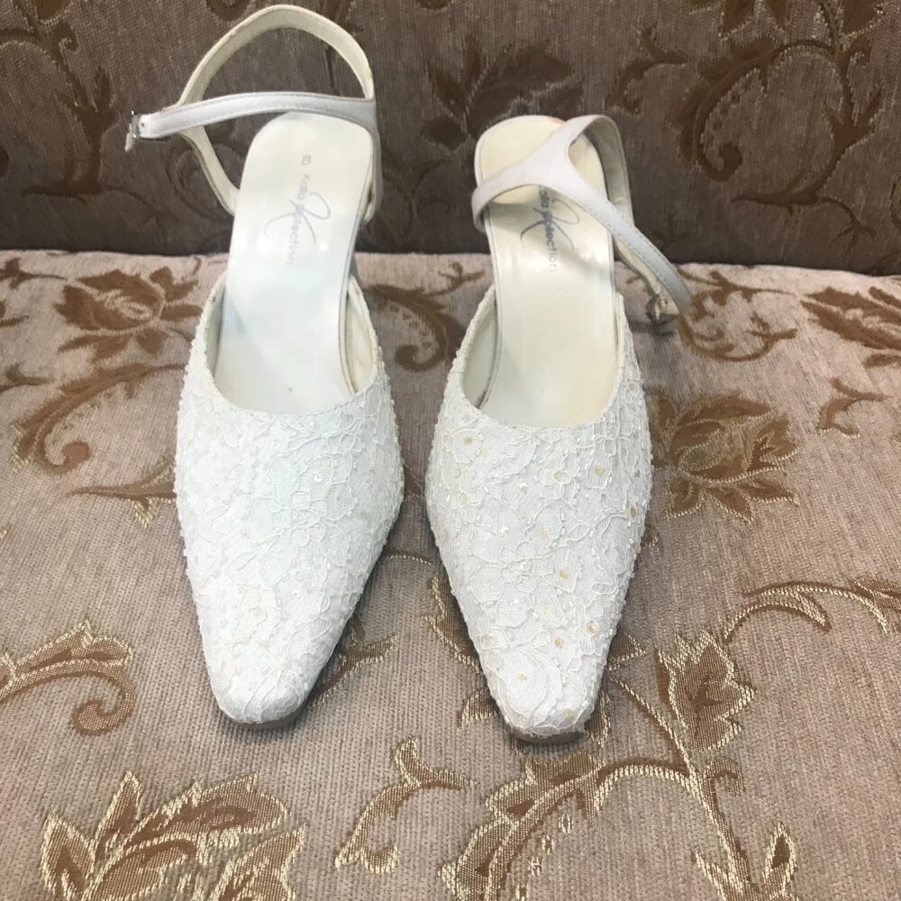 Dye-Able White Lace Satin Ankle-Strap, Formal Pump Dress Shoe Wedding Block Heel - Picture 5 of 16